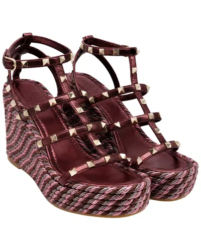Pre-owned Valentino Garavani Valentino Women's Leather Studded Wedge Sandal (authentic Pre-loved) In Red
