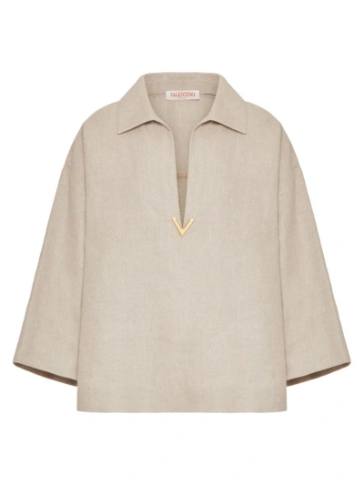 Valentino Linen Top With V Logo Detail In Beige