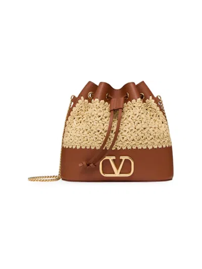 Valentino Garavani Women's Mini Raffia Bucket Bag With Vlogo Signature Chain In ナチュラル/サドルブラウン