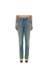 Valentino Medium Blue Jeans With Green Embroidery, Straight Leg, High Waist