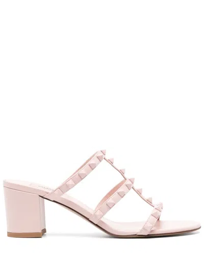 Valentino Garavani Rose Quartz Pink Leather Flat Rockstud Sandals For Women