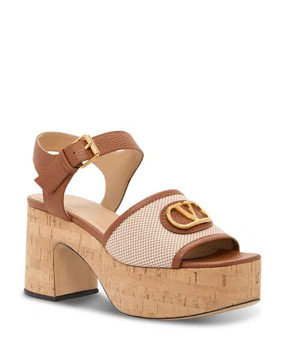 Valentino Garavani Vlogo Signature Canvas And Leather Platform Sandals In Natural/tobacco