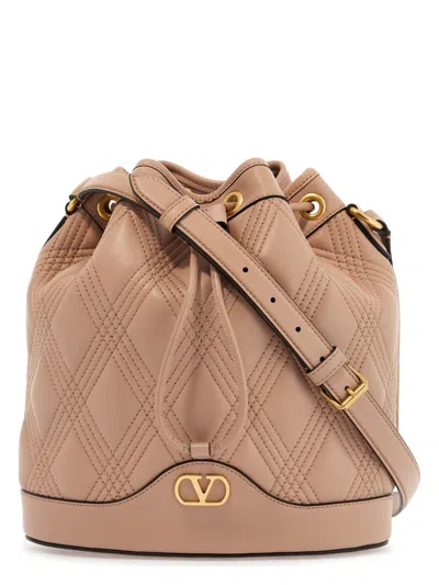 Valentino Garavani Quilted Pink Leather Bucket Crossbody Bag With Golden Details