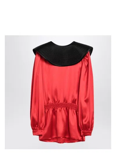 Valentino Garavani Women's Red Silk Blouse With Black Collar