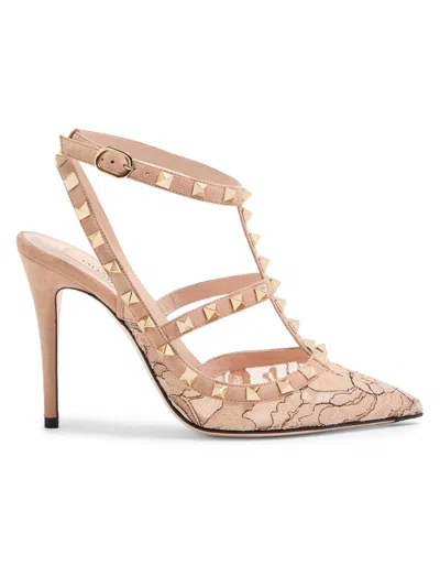 Valentino Garavani Women's Rockstud 100mm Lace Pumps With Straps In Pink