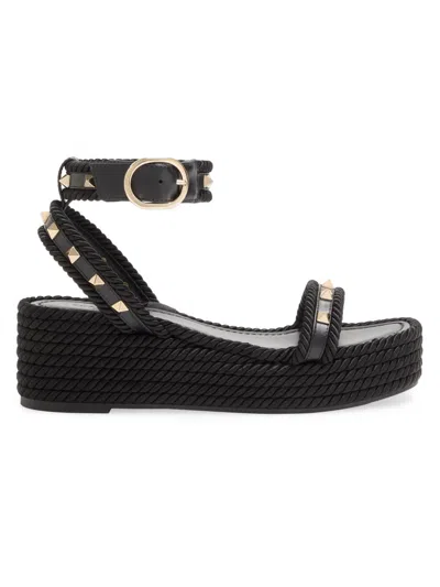 Valentino Garavani 45mm Rockstud Torchon Ankle Strap Espadrille Sandals In Black