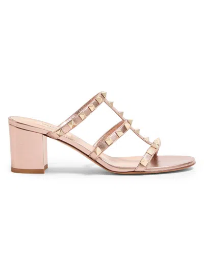 Valentino Garavani Rockstud Slide Sandal In Laminated Nappa Leather 60mm Woman Rose Cannelle 41 In Pink