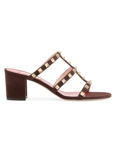 Valentino Garavani Women's Rockstud 60mm Slide Sandals In Suede In Brown