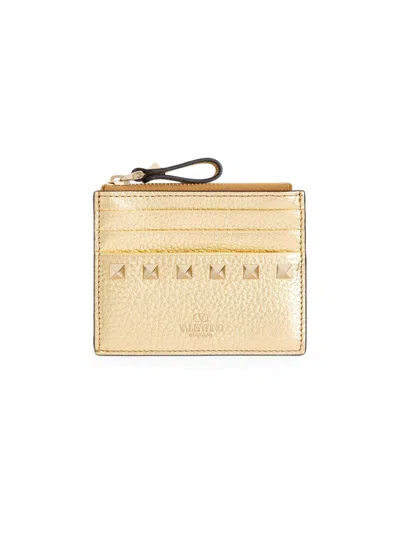 Valentino Garavani Women's Rockstud Calfskin Card Holder In Gold
