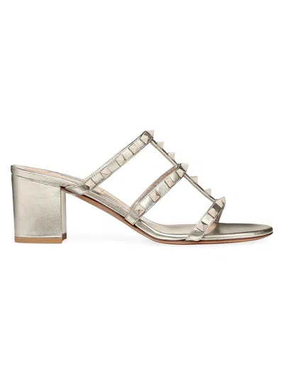 Valentino Garavani Rockstud Metallic Calfskin Leather Slide Sandal 60 Mm Woman Skin 41.5 In Silver