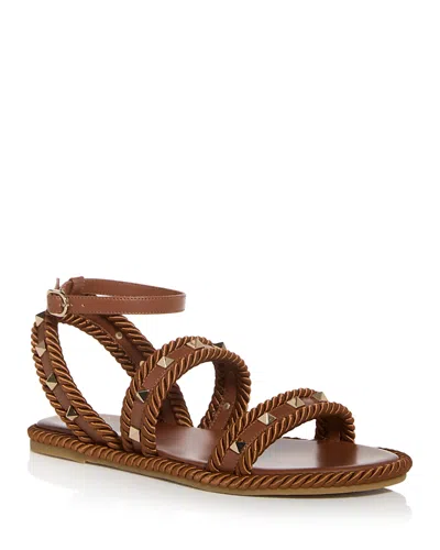 Valentino Garavani Caramel Fabric Rockstud Sandals In Brown