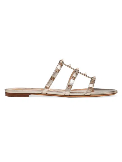 Valentino Garavani 5mm Rockstud Metallic Leather Flat Slide Sandals In Pink
