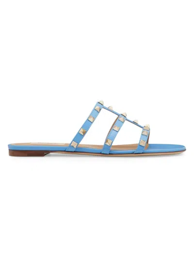 Valentino Garavani Women's Rockstud Flat Slide Sandals In Blue