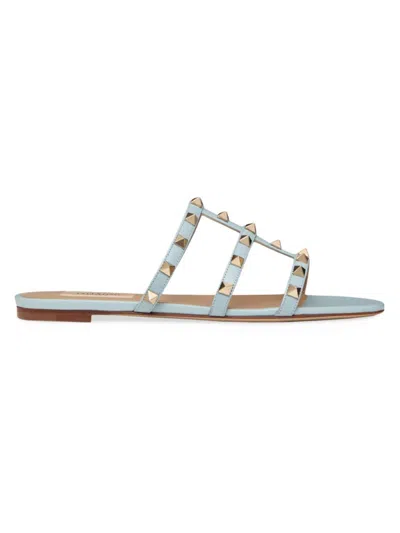 Valentino Garavani Women's Rockstud Flat Slide Sandals In Porcelain Blue