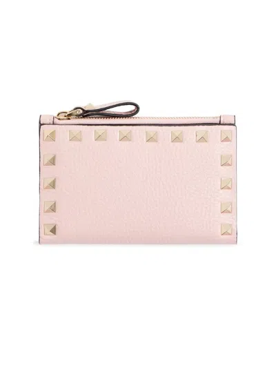 Valentino Garavani Women's Rockstud Grainy Calfskin Card Holder With Zipper In Pink
