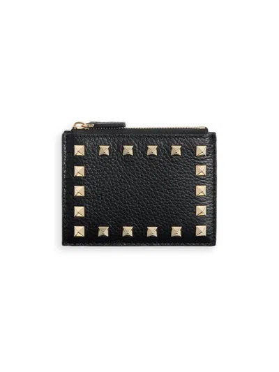 Valentino Garavani Women's Rockstud Grainy Calfskin Cardholder With Zipper In Black
