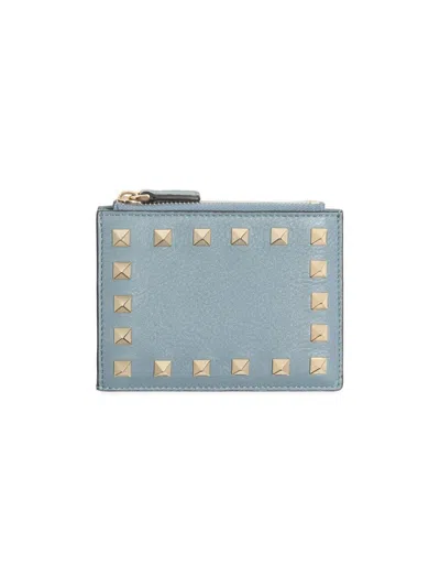 Valentino Garavani Women's Rockstud Grainy Calfskin Cardholder With Zipper In Gray