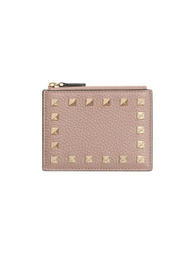 Valentino Garavani Women's Rockstud Grainy Calfskin Cardholder With Zipper In Pink