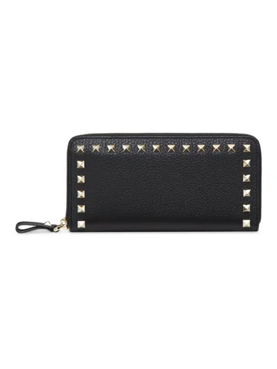 Valentino Garavani Women's Rockstud Grainy Calfskin Zippered Wallet In Black