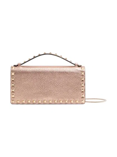 Valentino Garavani Women's Rockstud Laminated Grainy Calfskin Wallet With Chain In Brown