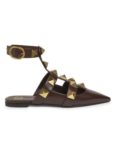 Valentino Garavani Women's Rockstud Leather Flats In Brown
