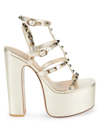 Valentino Garavani Women's Rockstud Metallic Leather Platform Sandals In Platinum Gold