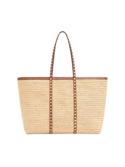 Valentino Garavani Rockstud Large Beach Tote Woven Handles In Brown