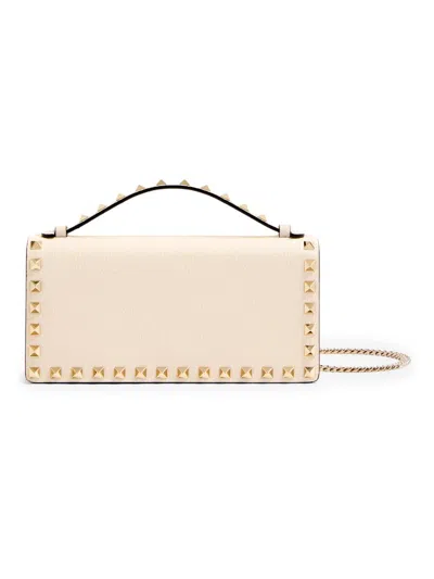 Valentino Garavani Women's Rockstud Wallet With Chain In Grainy Calfskin In White