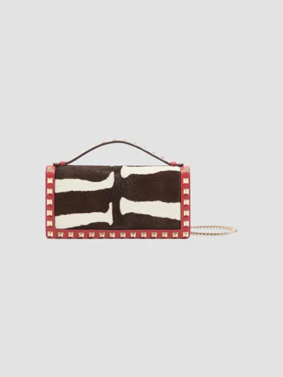 Valentino Garavani Women's Rockstud Wallet With Chain In Pony Effect Calfskin In White Red