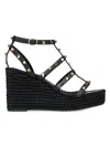 Valentino Garavani Rockstud Ankle Strap Wedge Sandal In Calfskin Leather 95 Mm Woman Black 41 In Black