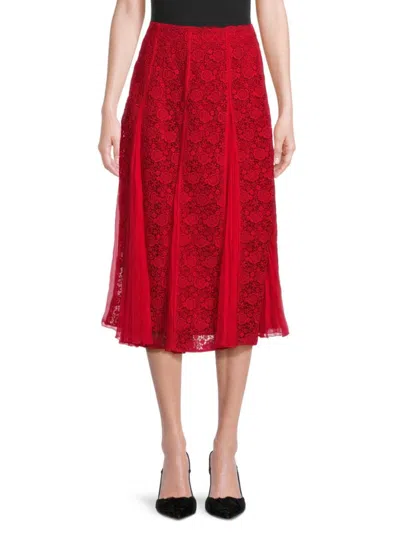 Valentino Women's Rose Lace Midi Skirt In Red