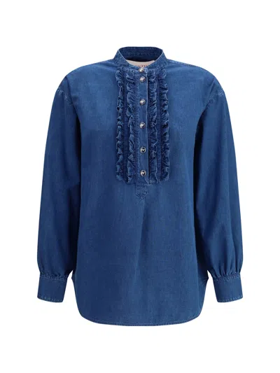 Valentino Women Ruffle Denim Shirts In Blue