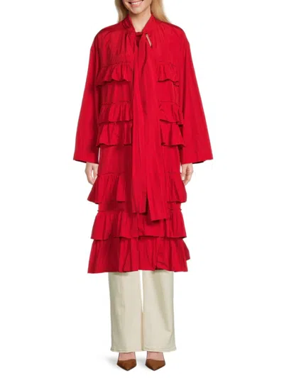 Valentino Women's Ruffle Tiered Longline Coat In Red