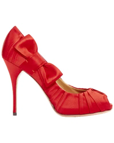 Valentino Garavani Valentino Women's Satin Pleated Satin Ribbon Bow Peep Toe Stiletto Pumps  (authentic Pre-loved) In Red