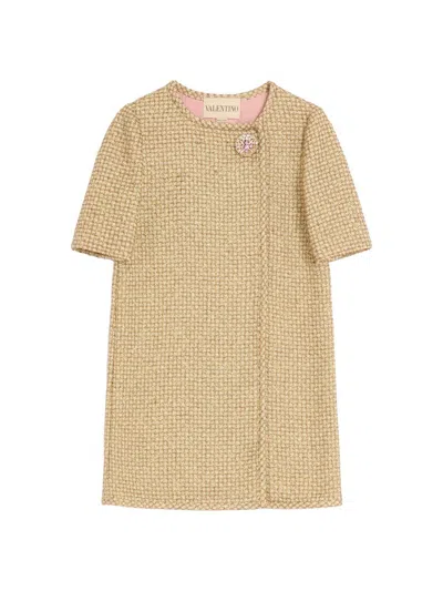 Valentino Crystal Metallic Tweed Short-sleeve Mini Dress In Gold