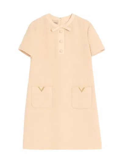 Valentino Wool Dress Short Sleeves Textured Fabric Bow In Neutral