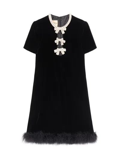 Valentino Women's Short Dress In Embroidered Sablé Velvet In Black