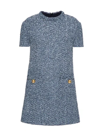 Valentino Women's Short Dress In Textured Tweed Denim In Denim Azure White