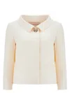 Valentino Garavani White Jacket With Spread Collar And Front Jewel Button In Wool And Silk Woman In Avorio