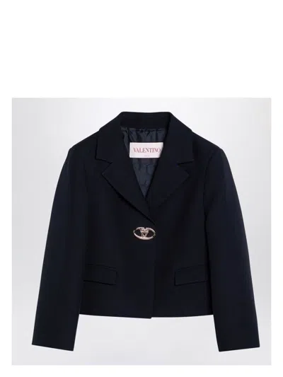 VALENTINO WOMEN'S SINGLE-BREASTED NAVY WOOL CROP JACKET