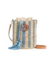 Valentino Garavani Small Bucket Bag In Raffia With Beige And Light Blue Stripes In Brown