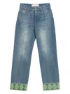 Valentino Medium Blue Jeans With Green Embroidery, Straight Leg, High Waist In Blue