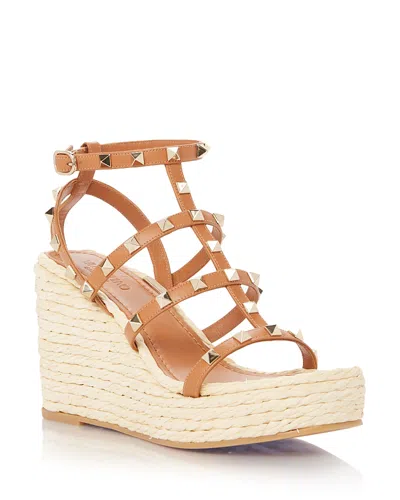 Valentino Garavani Women's Strappy Studded Espadrille Platform Wedge Sandals In Beige