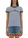 Valentino Womens Striped Embroidered Cotton-jersey T-shirt Avorio Blu In Blue