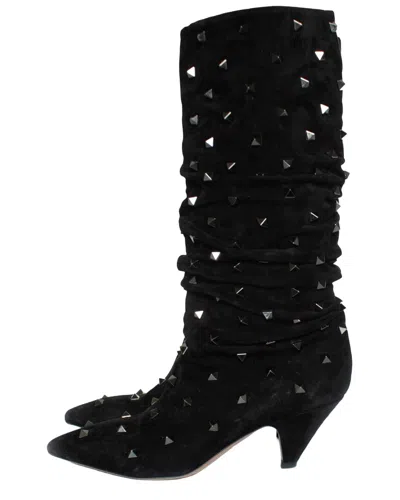 Pre-owned Valentino Garavani Valentino Women's Suede Rockstud Wrinkled Boot (authentic Pre-loved) In Black