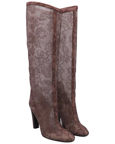 Valentino Garavani Valentino Women's Textile Floral Lace Detailed Knee-high Boot (authentic Pre-loved) In Brown