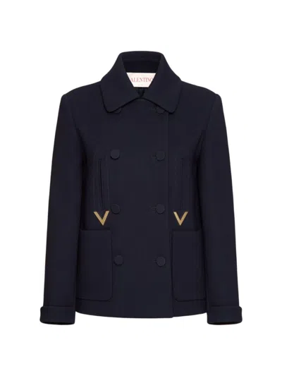 Valentino Logo-plaque Virgin Wool-blend Coat In Navy