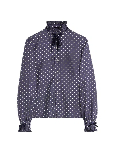 Valentino Velvet-trimmed Ruffled Polka-dot Silk-twill Shirt In Blue