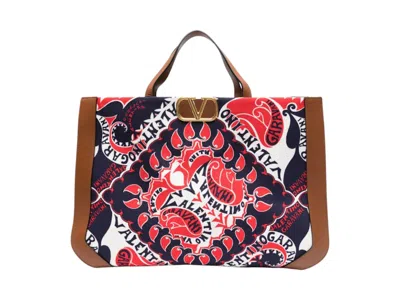 Pre-owned Valentino Garavani Women's Valentino Bandana Printed Canvas Tote Bag In Red/brown