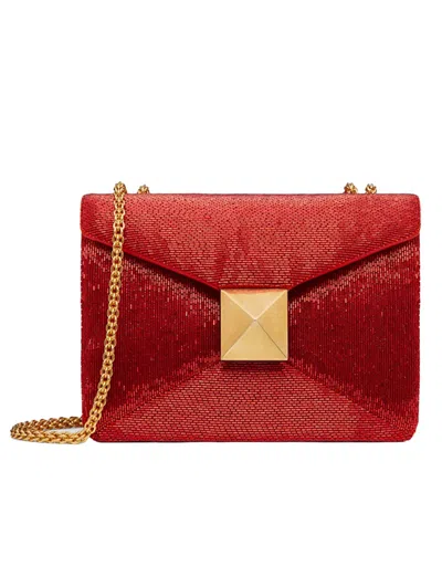 Pre-owned Valentino Garavani Women's Valentino Beaded Leather One Stud Shoulder Bag In Red